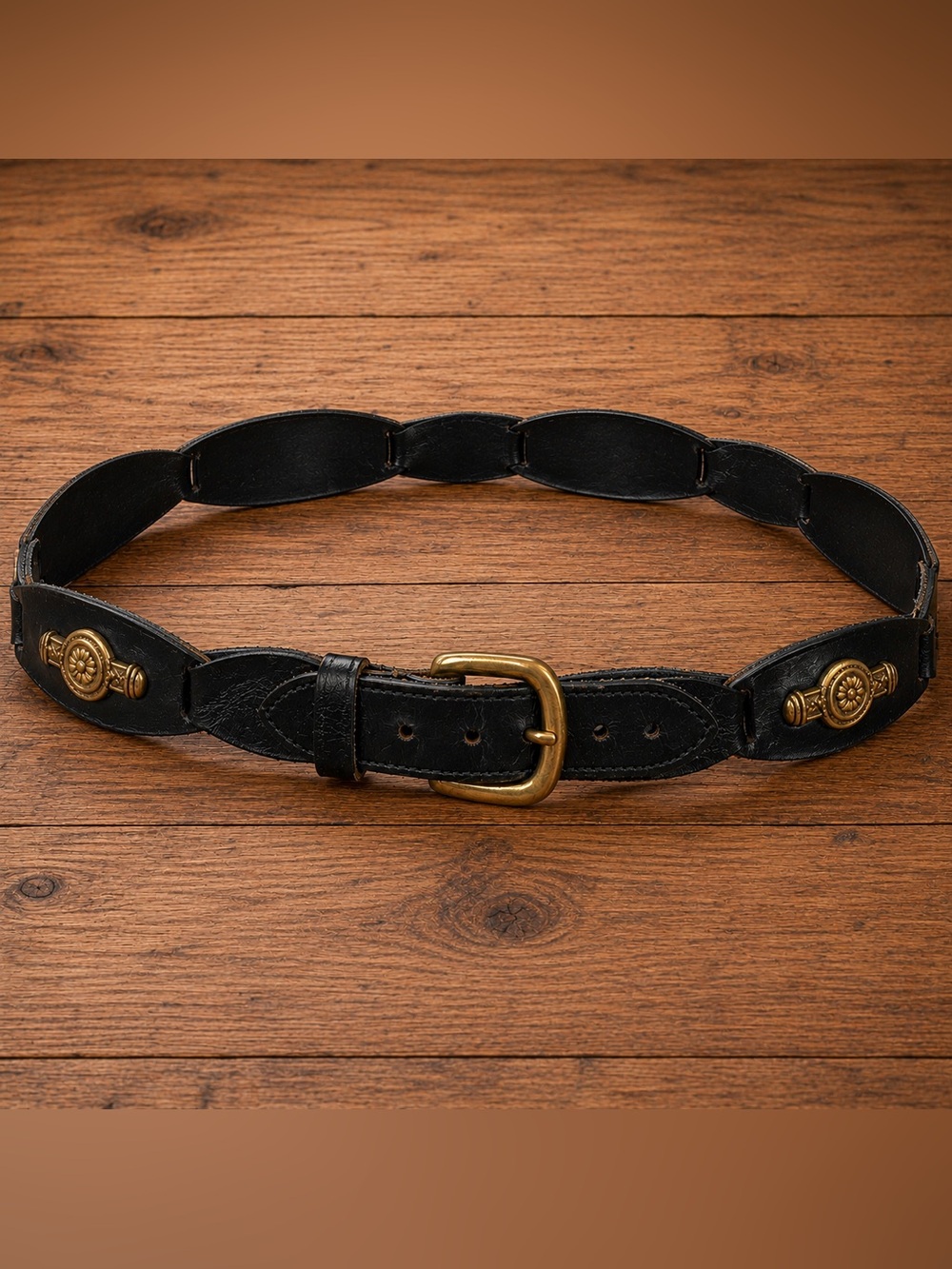 Vintage Genuine Leather Black Belt Gold Tone Medallion India Size Medium